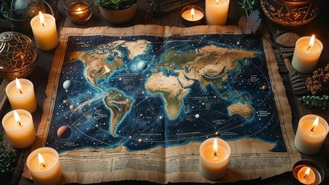 Celestial World Map with Flickering Candlelit Atmosphere