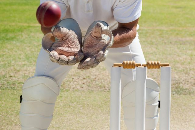 Mid section of wicketkeeper catching ball behind stumps - Download Free Stock Photos Pikwizard.com