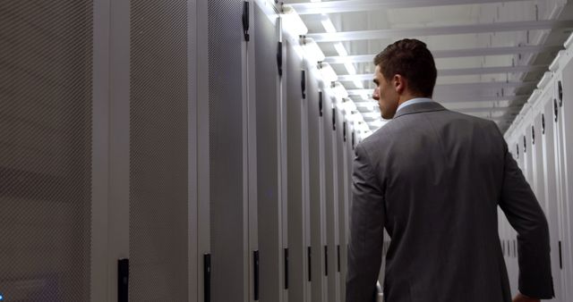 Man in Suit Examining Server Racks in Data Center - Download Free Stock Images Pikwizard.com