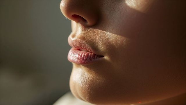 Sunlit close-up of lower face highlighting lips, skin texture and soft natural light