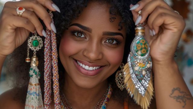 Smiling woman holding beaded tassel pendant and enamel necklace, boho glamour portrait
