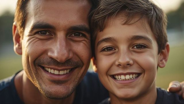 Father and son smiling at golden hour outdoor portrait showing close bond