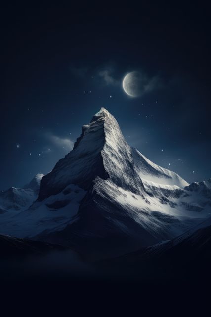 General view of mountain peak and full moon, created using generative ai technology. Landscape, scenery and beauty in nature concept digitally generated image.