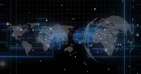 Digital global network linking dotted world map and 3d globe on neon grid interface
