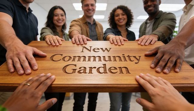 Volunteers unveiling new community garden plaque, hands united around wooden sign