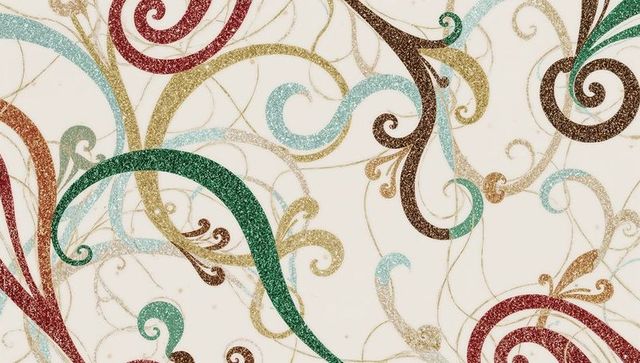 Glittering vine and scroll arabesque pattern on pale cream background with gold filigree