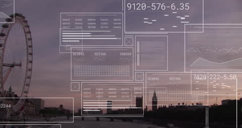 Data Interface Overlooking Urban Cityscape at Sunset