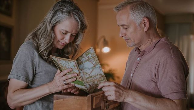 Mature couple planning getaway with vintage map and wooden trunk, warm lamp-lit evening