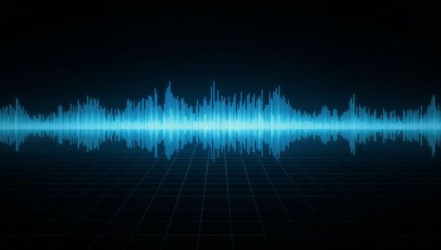 Glowing blue audio waveform on digital grid