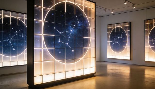 Luminous constellation lightbox panels in modern gallery exhibition with starfield grid