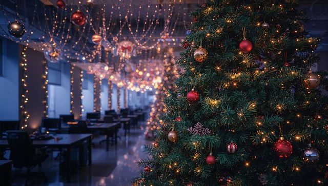 Office holiday atmosphere with glowing christmas tree and decor