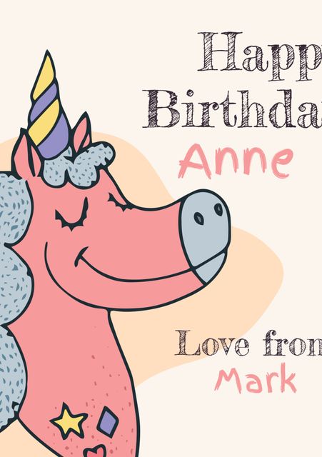 Features a charming unicorn illustration with colorful horn on a pastel background. Ideal for creating personalized birthday greetings. Great for conveying joy and magic in cards for children, friends, and family.