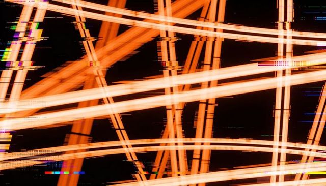 Glowing orange and warm-white light trails forming neon lattice with pixel glitch accents