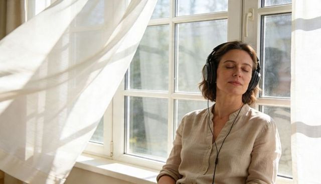 Relaxing on sunlit windowsill listening to music with headphones serene morning moment