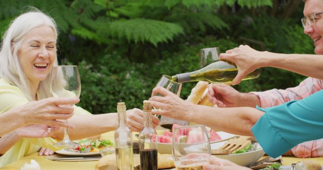 Senior Friends Enjoying Outdoor Meal with Wine in Garden - Download Free Stock Images Pikwizard.com