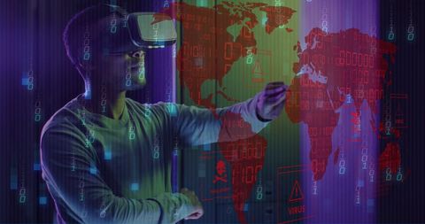 Man using vr headset with global digital data interface