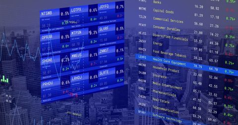 Digital financial data analysis with cityscape overlay