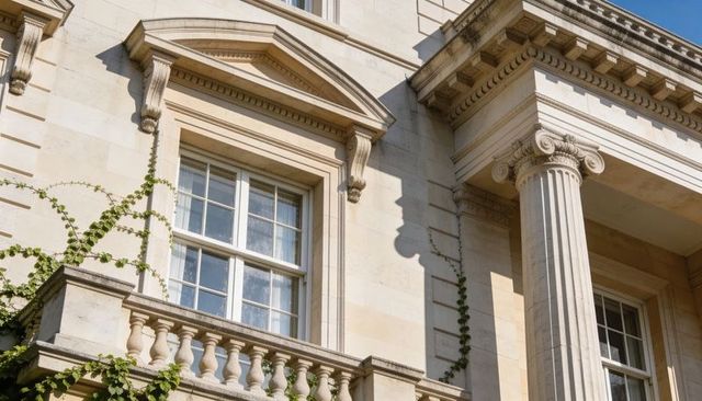 Limestone townhouse facade showcasing classical pediment balustrade and ionic column with ivy