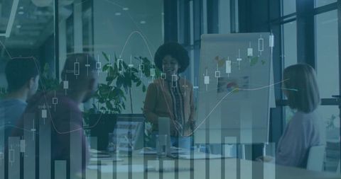 Confident Businesswoman Presenting Financial Analysis to Team in Modern Office