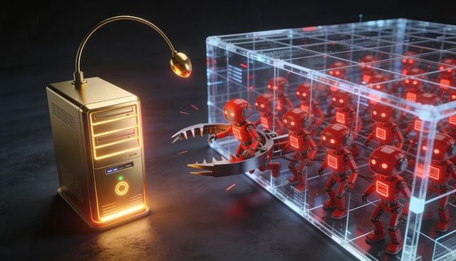 Golden server releasing glossy red robots from glass grid cube with mechanical pincer