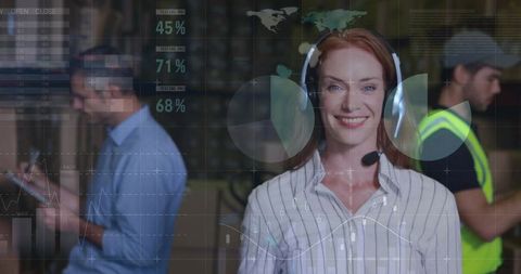 Smiling logistics coordinator wearing headset managing warehouse with data analytics