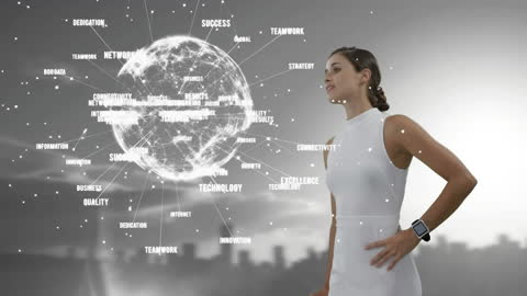 Futuristic Woman with Globe of Global Network Connections