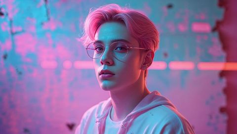 Stylish Young Adult Wearing Glasses in Neon-Lit Studio
