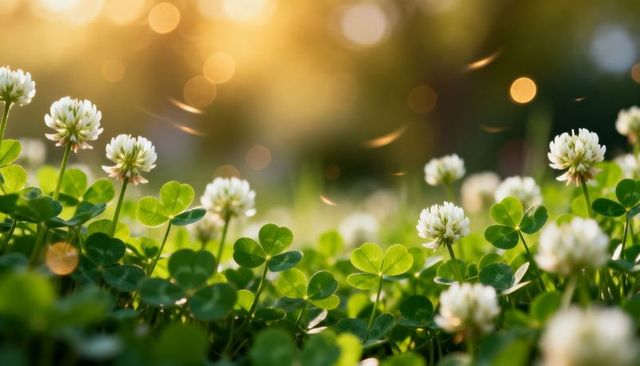 Sunlit white clover meadow with golden bokeh, close-up botanical groundcover macro backlit
