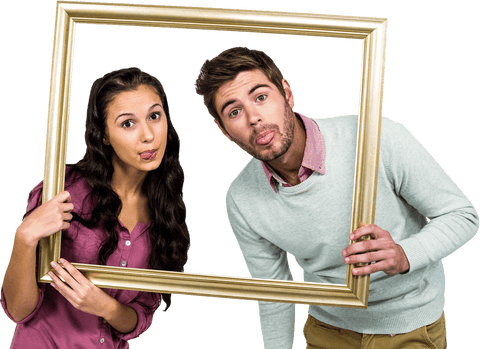 Playful couple with picture frame on transparent background