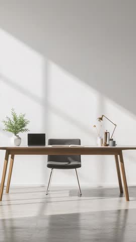 Sunlight streaming across minimalist desk casting shadows in vertical home office video