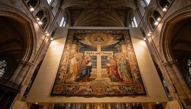 Medieval tapestry depicting alpha and omega cross hanging in gothic cathedral nave