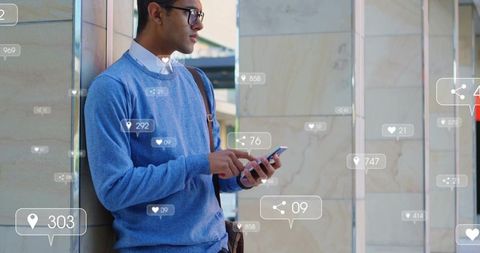 Young professional leaning on tiled wall checking smartphone with analytics overlays