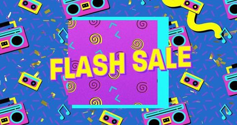 Retro flash sale banner with vibrant patterns and bold colors
