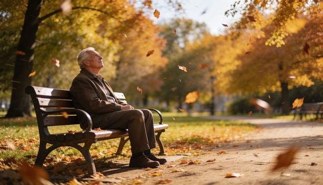 Senior man sitting on park bench watching golden autumn leaves falling in serene park