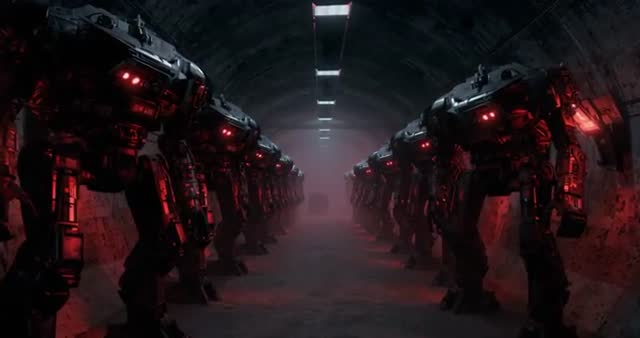 Activating Combat Mechs in Futuristic Tunnel