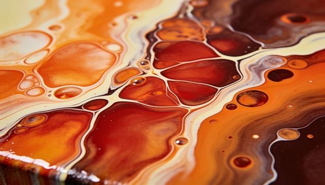 Glossy fluid-pour artwork flowing with crimson, orange and amber cells on resin panel