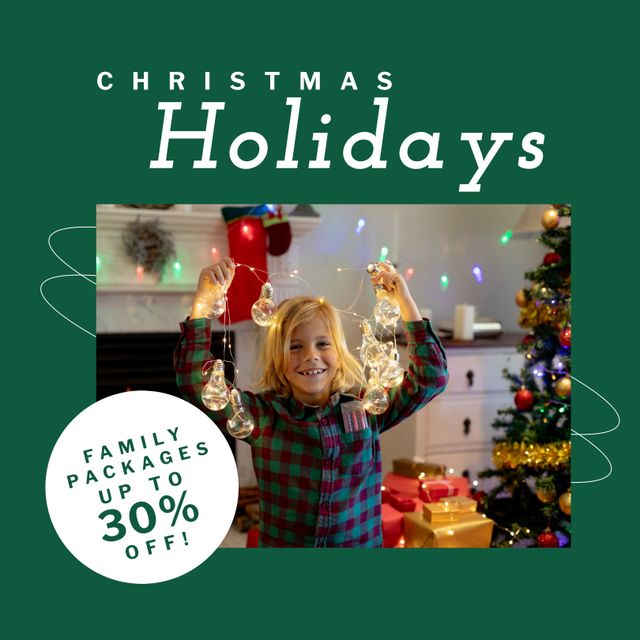 Composition of christmas holidays offer text over caucasian boy at christmas home. Christmas holidays, festivity, tradition and celebration concept.