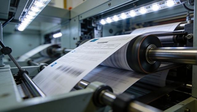 High-speed industrial printing press feeding barcode-labeled forms through feed roller