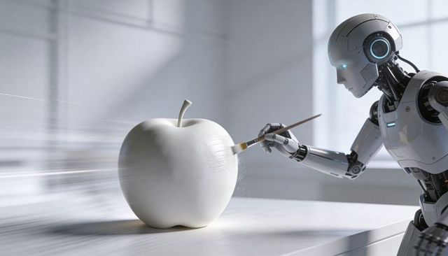 Android painting white apple with precision brushwork showcasing ai creativity and design
