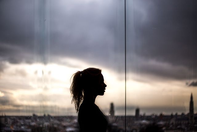 Silhouette of a woman in ponytail standing in front of large glass window overlooking urban skyline at dusk with cloudy sky. Suitable for themes of contemplation, serenity, metropolitan life, ambition, future vision. Ideal for websites, blogs, and advertisements focusing on modern city living, introspection, and personal growth.