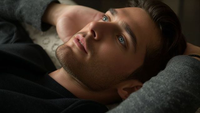 Young man lying and gazing with blue-green eyes dramatic intimate low-light portrait