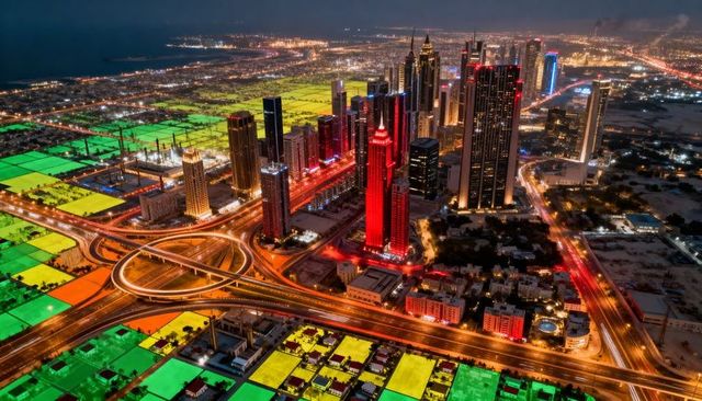 Aerial night skyline featuring neon skyscrapers, red landmark tower and glowing highway interchange