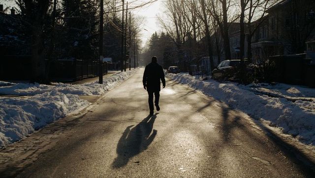 Solitary silhouette walking down sunlit winter street casting long shadow on wet pavement