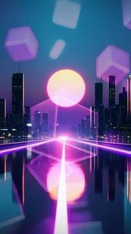 Pulsing Neon Grid Road Over Water at Dusk Looping Vertical Cyberpunk Futuristic Background