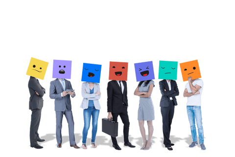Business Professionals with Colorful Cube Heads on Transparent Background