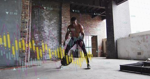 Male athlete performing medicine ball slams in industrial gym with finance data overlays