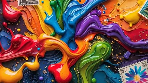 Vibrant Paint Drips and Stamps Creating Colorful Abstract Art