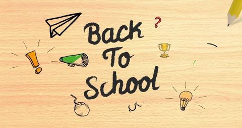 Back to School Text on Wooden Background with Pencil Hand Drawn Elements