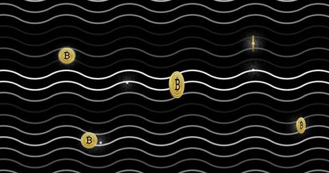 Bitcoin Symbols Floating on Wavy Digital Background
