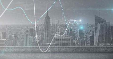 Cityscape with Financial Data Visualization Overlays